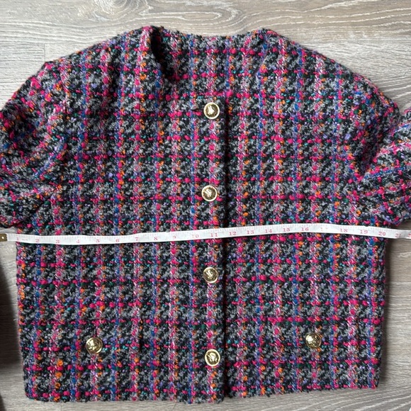 NEW SANDRO Cropped  wool blend bouclé-tweed jacket - Black/Fuschia FR 38 - Picture 11 of 16